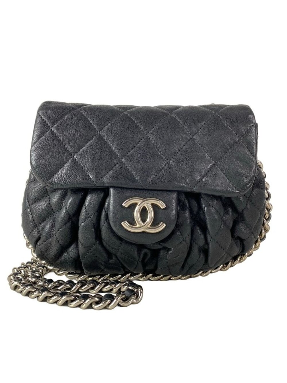 Chanel Shoulder Bag Chain Around Black Silver Leather